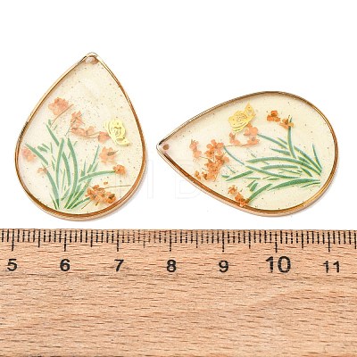 Brass & Transparent Epoxy Resin & Dried Flower Pendants RESI-G133-02G-03-1