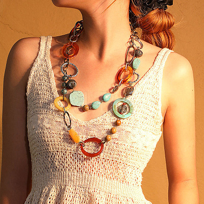 Bohemian Style Acrylic & Zinc Alloy Oval & Teardrop Handmade Link Chain Long Necklaces for Women FS-WG51811-01-1