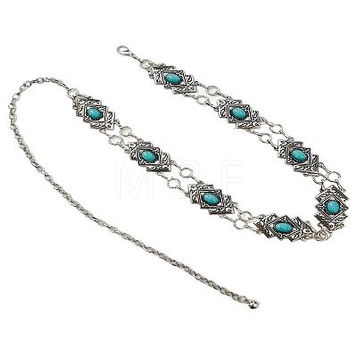 Alloy with Dyed Synthetic Turquoise Rhombus Link Chain Waist Belly Chains for Women FS-WG59013-01-1