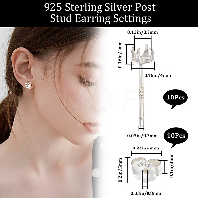 Beebeecraft 5 Pairs 925 Sterling Silver Stud Earring Settings STER-BBC0005-42S-1