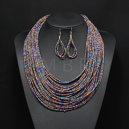 Bohemian Style Glass Seed Beaded Multilayer Necklaces & Teardrop Dangle Earrings Sets WGC1230-03-1