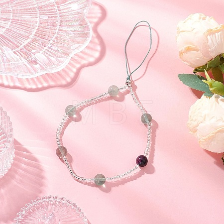 Natural Rainbow Fluorite & Glass Seed Round Beaded Phone Hand Strap Chains HJEW-JM03363-02-1