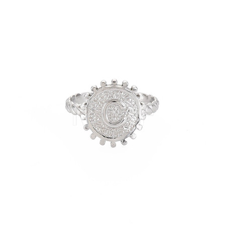 Non-Tarnish 304 Stainless Steel Flat Round with Initial Letter Open Cuff Ring for Men Women RJEW-S405-246P-C-1