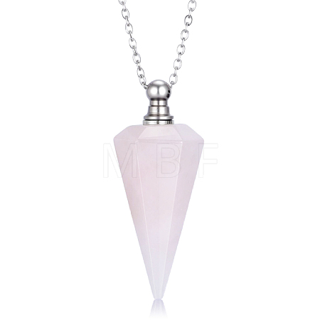 Natural Rose Quartz Faceted Cone Pendant Perfume Bottle Necklaces with 304 Stainless Steel Cable Chain NJEW-WH0002-266B-1