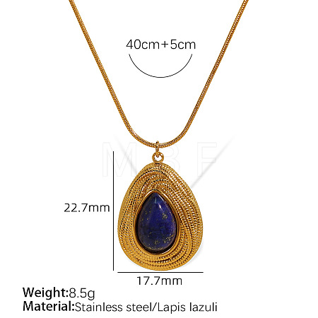 304 Stainless Steel with Natural Lapis Lazuli Teardrop Pendant Round Snake Chain Necklaces for Women FS-WGB55D1-04-1