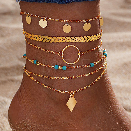 6Pcs Alloy Link & Charm Anklets WG853BB-04-1