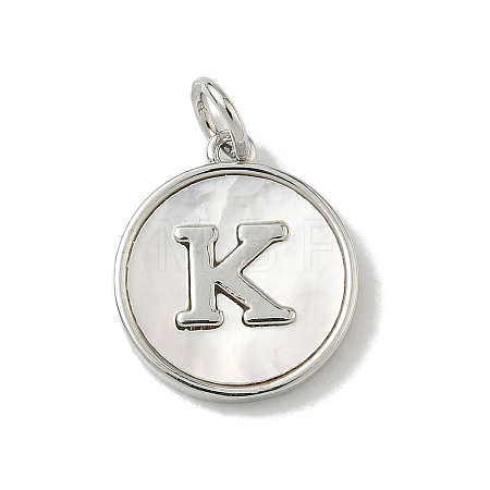 Brass Pave Natural Shell Flat Round with Letter Charms KK-Z115-13P-K-1