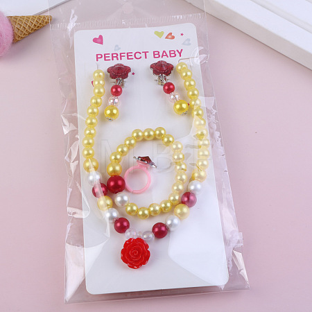Cute Unicorn Alloy Plastic Children's Beaded Necklace & Bracelet & Cuff Ring & Clip-on Earring Jewelry Sets for Girl's FS-WGF4311-07-1