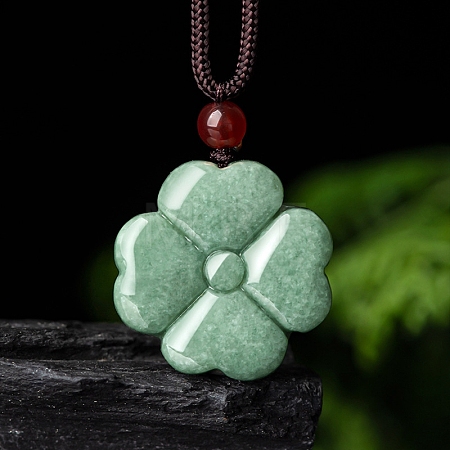Natural Jadeite Carved Clover Pendant Necklaces NJEW-F321-01-1