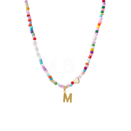 Colorful Beaded Heart Letter Necklace with Pearl Elements Stainless Steel Pendant Jewelry TR2146-13-1