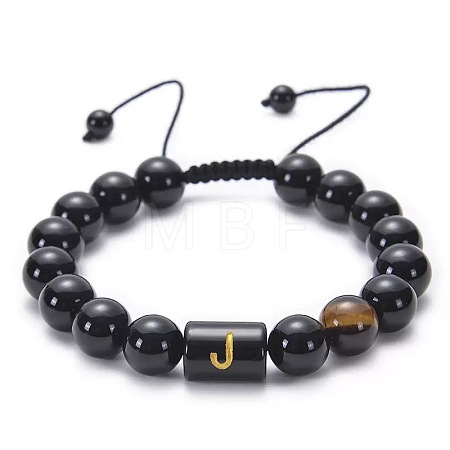 10MM Natural Black Onyx(Dyed & Heated) and Tiger Eye Alphabet Round Braided Bead Adjustable Bracelets for Women DM6424-10-1