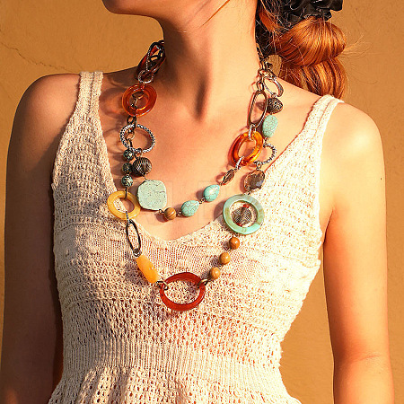 Bohemian Style Acrylic & Zinc Alloy Oval & Teardrop Handmade Link Chain Long Necklaces for Women FS-WG51811-01-1