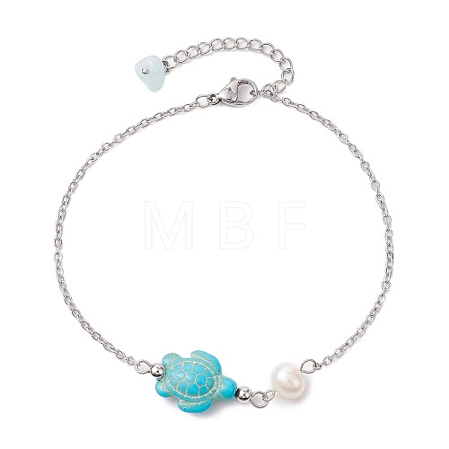 Synthetic Turquoise & Natural Freshwater Pearl Link Anklets AJEW-AN00628-03-1