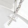 304 Stainless Steel & ABS Plastic Imitation Pearl Cross Pendant Necklaces NJEW-S442-09P-2