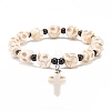 Natural Mashan Jade Skull Beaded Stretch Bracelet with Synthetic Turquoise(Dyed) Cross Charm BJEW-JB08378-01-1