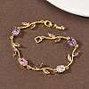 Brass Micro Pave Cubic Zirconia Oval & Leaf Link Chain Bracelets for Women BJEW-G764-05G-01-3