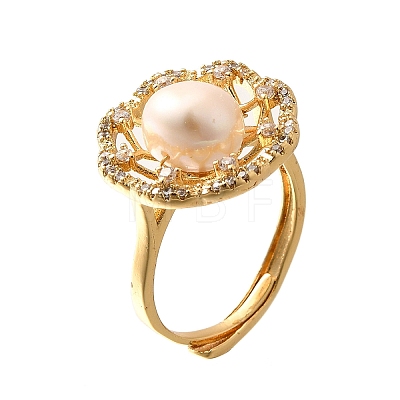 Flower Natural Pearl Adjustable Rings RJEW-P113-19G-1