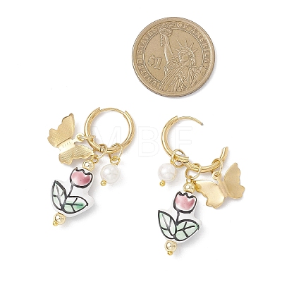 Flower with Butterfly 304 Stainless Steel Hoop Earrings EJEW-JE06749-02-1