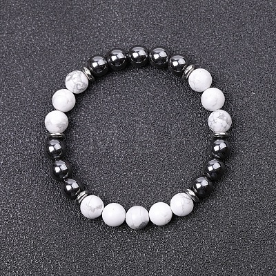 Synthetic Howlite & Non-magnetic Hematite Round Beads Stretch Bracelets for Women Men KJ2327-9-1