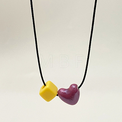 Handmade Porcelain Heart Cube Resin Beads Pendant Adjustable Black Waxed Cord Necklaces for Women WG3943B-01-1