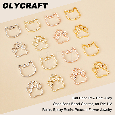 Olycraft 32Pcs 8 Styles Cat Head Paw Print Alloy Open Back Bezel Charms PALLOY-OC0002-99-1