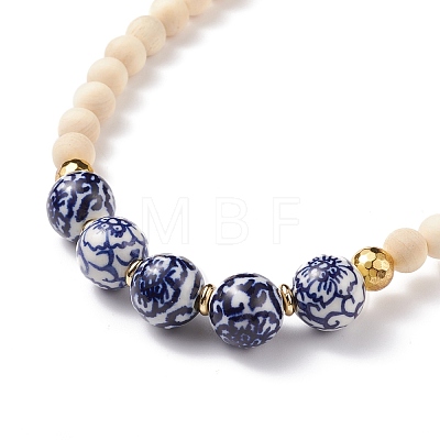 Natural Wood  & Porcelain & Synthetic Hematite Round Beaded Necklace for Women NJEW-JN03874-1