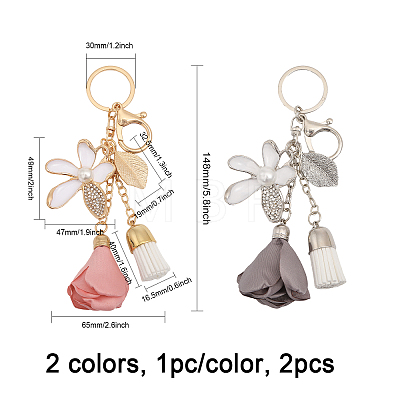 2Pcs 2 Colors Flower Keychain Rhinestone Tassel Leaf Key Ring KEYC-CA0001-44-1