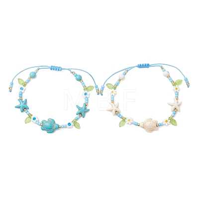 2Pcs 2 Colors Ocean Theme Synthetic Turquoise & Glass Seed Beaded Bracelets BJEW-MZ00305-1