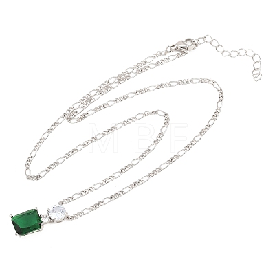 Brass Pave Clear Cubic Zirconia & Green Glass Perfume Bottle Pendant Figaro Chain Necklaces for Women NJEW-F364-02P-1