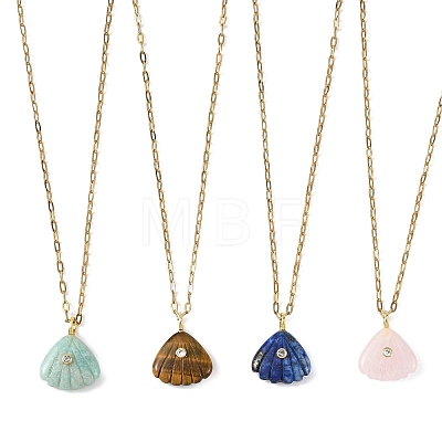 Summer Beach Natural Mixed Stone Carved Shell Shape Pendant 304 Stainless Steel Cable Chain Necklaces with Cubic Zirconia for Women NJEW-JN06586-1