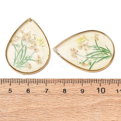 Brass & Transparent Epoxy Resin & Dried Flower Pendants RESI-G133-02G-04-1