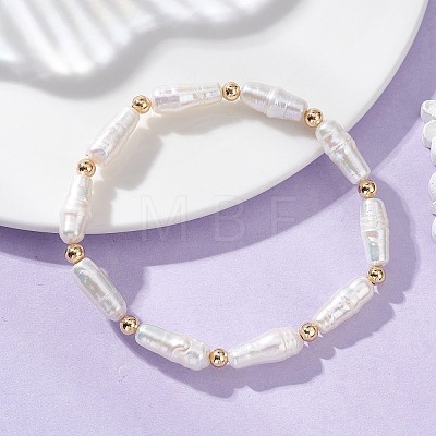 Natural Baroque Keshi Pearl & Brass Beaded Stretch Bracelets for Women BJEW-JB13685-1