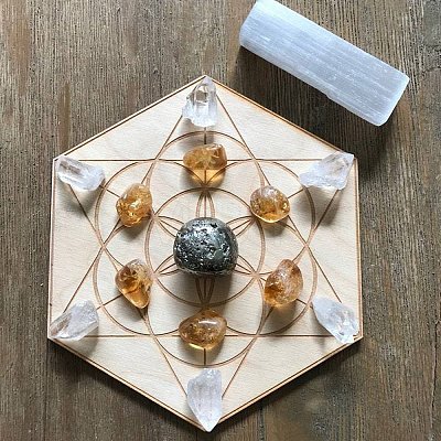 Hexagon with Flower of Life Wooden Crystal Ball Display Stands PW-WG37562-01-1