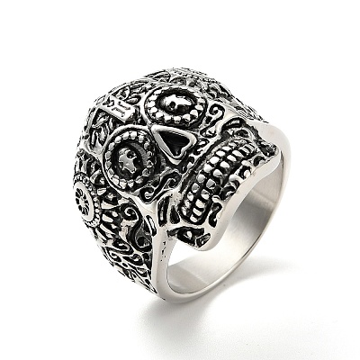 316 Stainless Steel Skull with Cross Finger Ring RJEW-C030-02G-AS-1