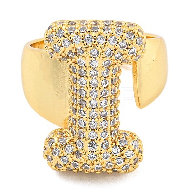 Brass Micro Pave Clear Cubic Zirconia Letter Open Cuff Ring for Women RJEW-M173-01G-I-1