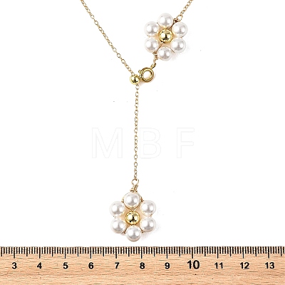 Adjustable Brass Shell Pearl Beaded Flower Pendant Lariat Necklaces NJEW-JN06496-1