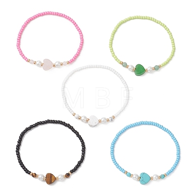 Glass Seed Bead & Natural/ Synthetic Gemstone Stretch Bracelets for Women BJEW-MZ00310-1