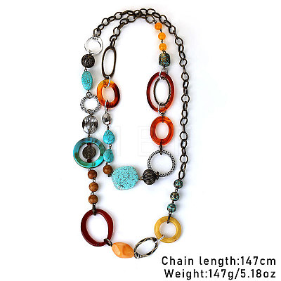 Bohemian Style Acrylic & Zinc Alloy Oval & Teardrop Handmade Link Chain Long Necklaces for Women FS-WG51811-01-1
