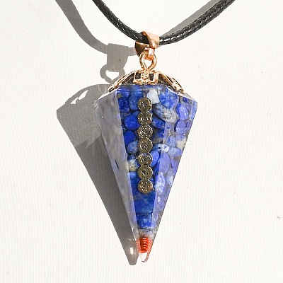 Natural Lapis Lazuli Chip Resin Hexagonal Pyramid Symbol Spirit Pendulum Pendant Necklaces YL4416-1-1