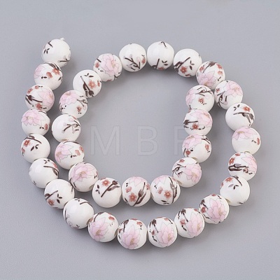 Handmade Flower Printed Porcelain Ceramic Beads Strands PORC-J006-B02-10mm-1