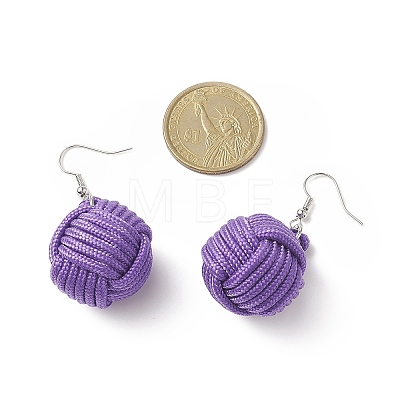 Handmade Polyester & Spandex Braided Ball Dangle Earrings with Natural Wood Beaded EJEW-JE05166-1