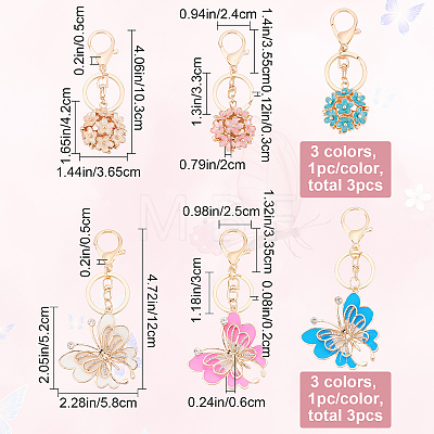 6Pcs 6 Style Butterfly & Flower Pendant Keychain KEYC-CP0001-09-1