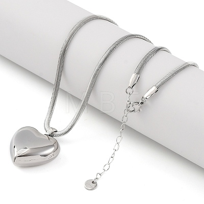 304 Stainless Steel Heart Pendant Flat Snake Chain Necklaces for Women NJEW-U012-01P-1