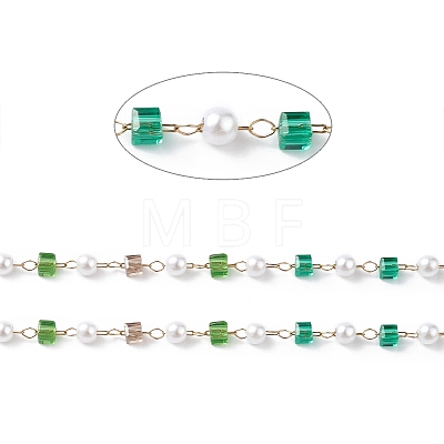 Cube & Round Glass & ABS Imitation Pearl Beaded Chains CHS-P016-43G-02-1