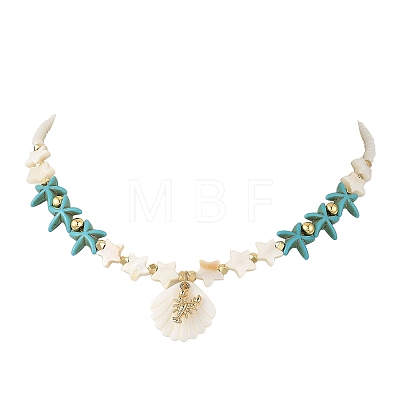 Summer Beach Carved Natural Freshwater Shell and Alloy Shrimp Pendant Starfish Dyed Synthetic Turquoise & Glass Beaded Necklaces for Women NJEW-JN06506-01-1