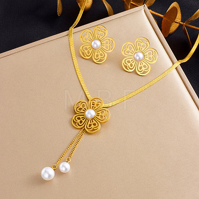 304 Stainless Steel with Plastic Pearl Pendant Necklaces & Stud Earrings FS-WG99AC9-02-1