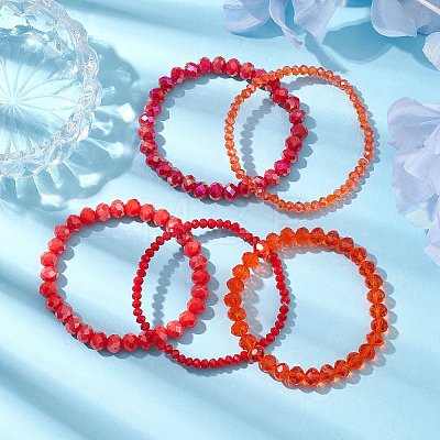 5Pcs 5 Styles Faceted Round Glass Beaded Stretch Bracelet Sets BJEW-JB10423-02-1