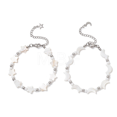 2Pcs Natural White Shell Star & Moon Link Bracelets BJEW-JB13283-1