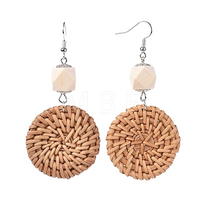 Handmade Reed Cane/Rattan Woven Beads Dangle Earrings EJEW-JE03017-01-1