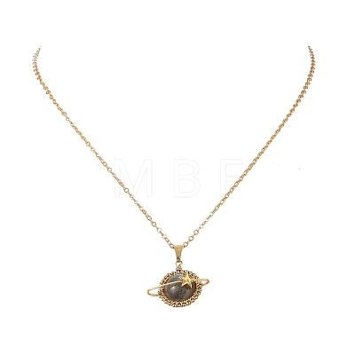 Natural Labradorite Copper Wire Wrapped Planet Pendant Brass Cable Chain Necklaces for Women NJEW-TA00260-04-1